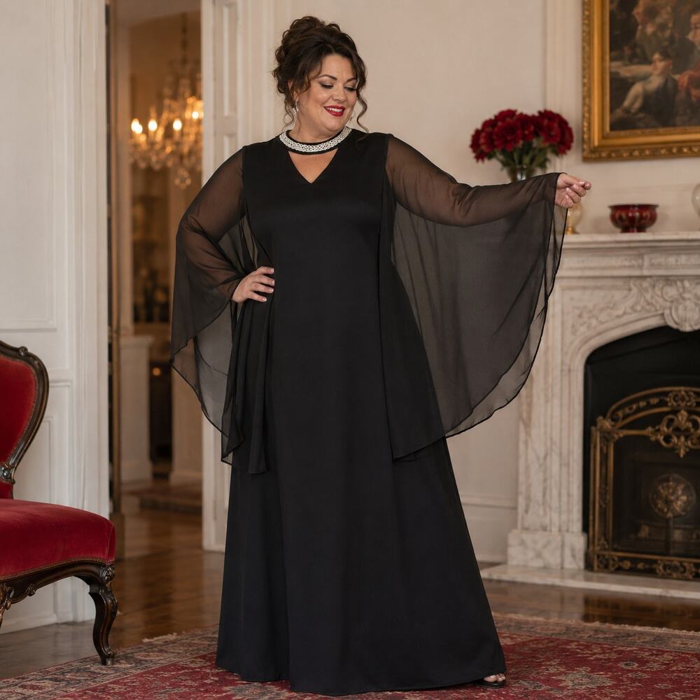 70s Lane Bryant Black Maxi Evening Gown Angel Wing Sleeves Plus Size - 1X/2X